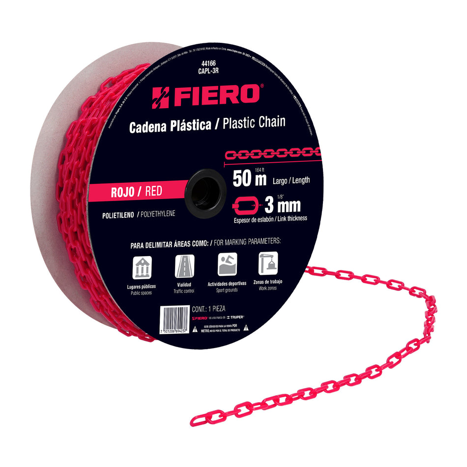 Metro de cadena de 3 mm de plástico roja, carrete de 50 m Caja con 50, 44166