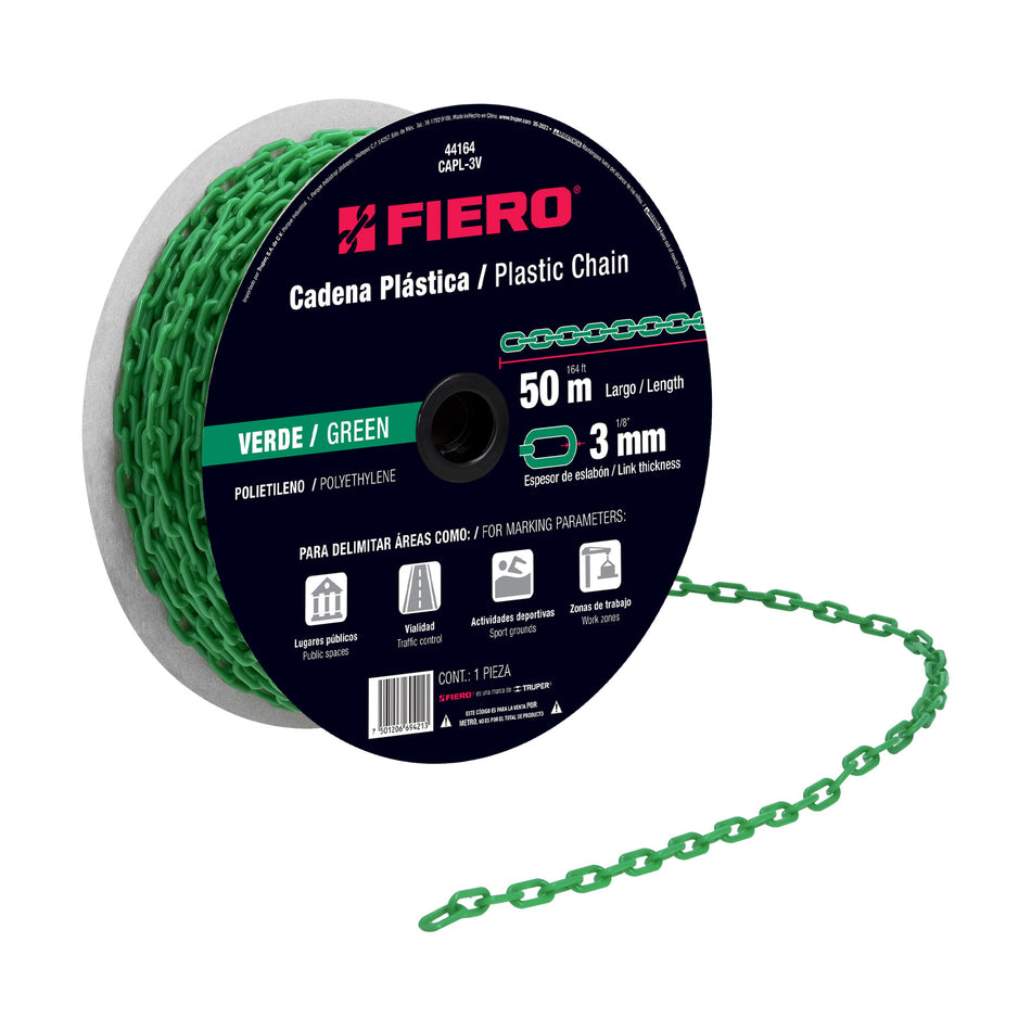 Metro de cadena de 3 mm de plástico verde, carrete de 50 m Caja con 50, 44164