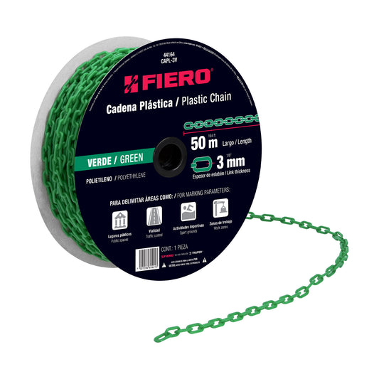 Metro de cadena de 3 mm de plástico verde, carrete de 50 m Caja con 50, 44164