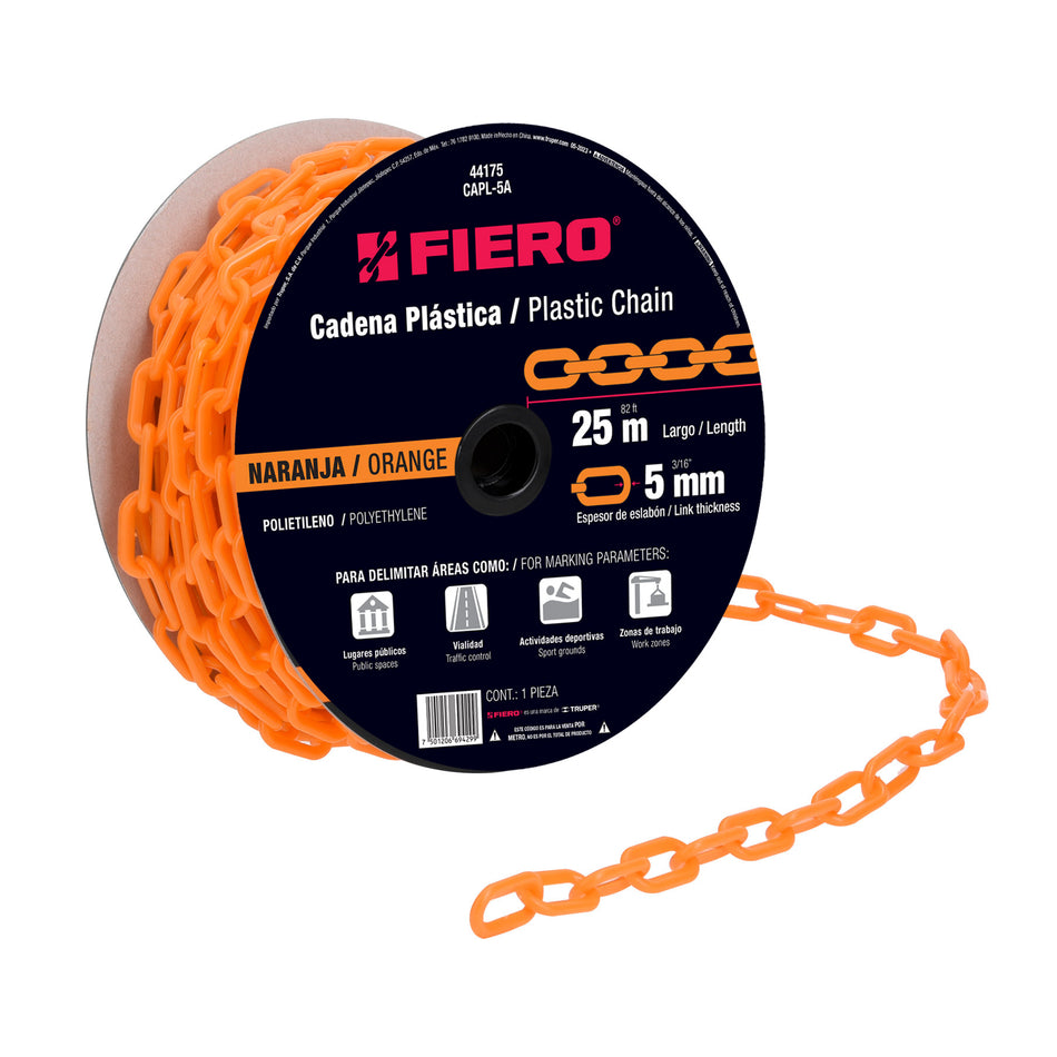 Metro de cadena de 5 mm de plástico naranja, carrete de 25 m Caja con 25, 44175