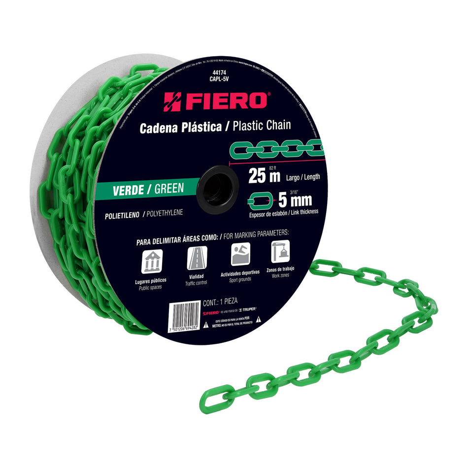 Metro de cadena de 5 mm de plástico verde, carrete de 25 m Caja con 25, 44174