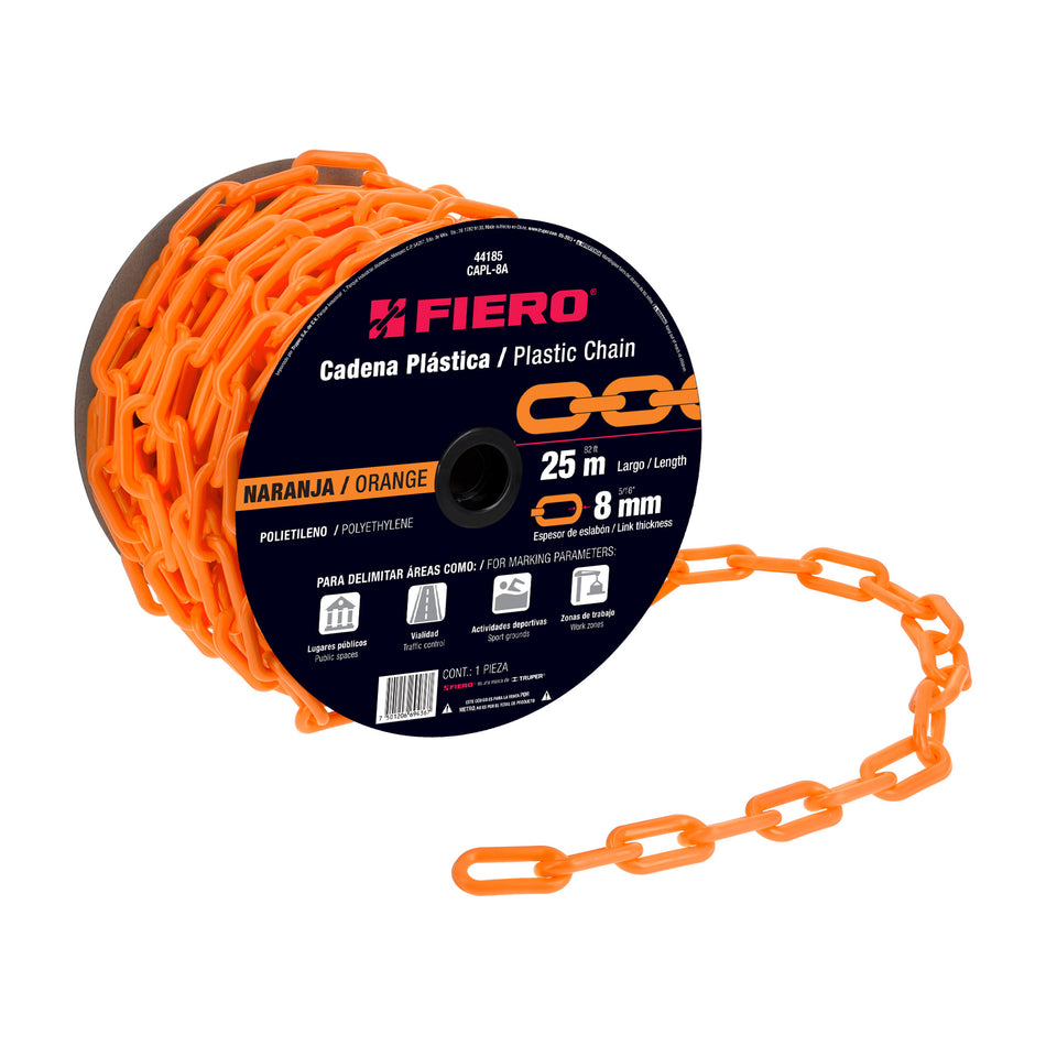 Metro de cadena de 8 mm de plástico naranja, carrete de 25 m Caja con 25, 44185