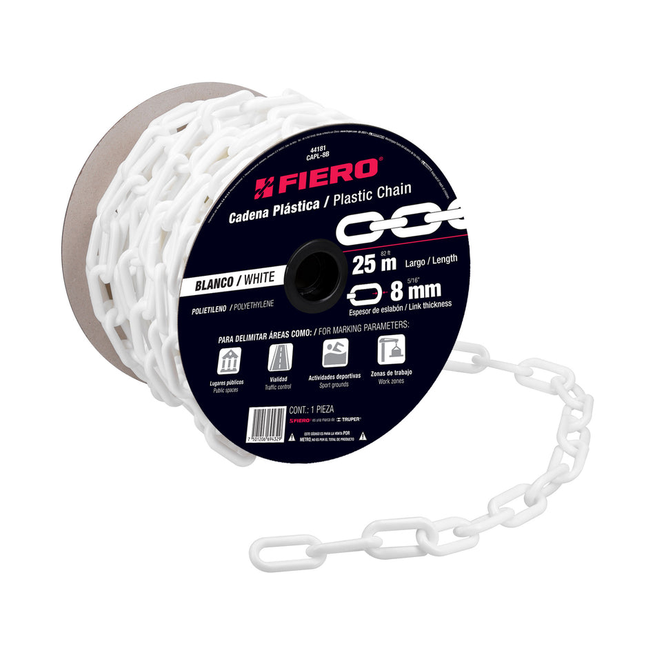 Metro de cadena de 8 mm de plástico blanca, carrete de 25 m Caja con 25, 44181