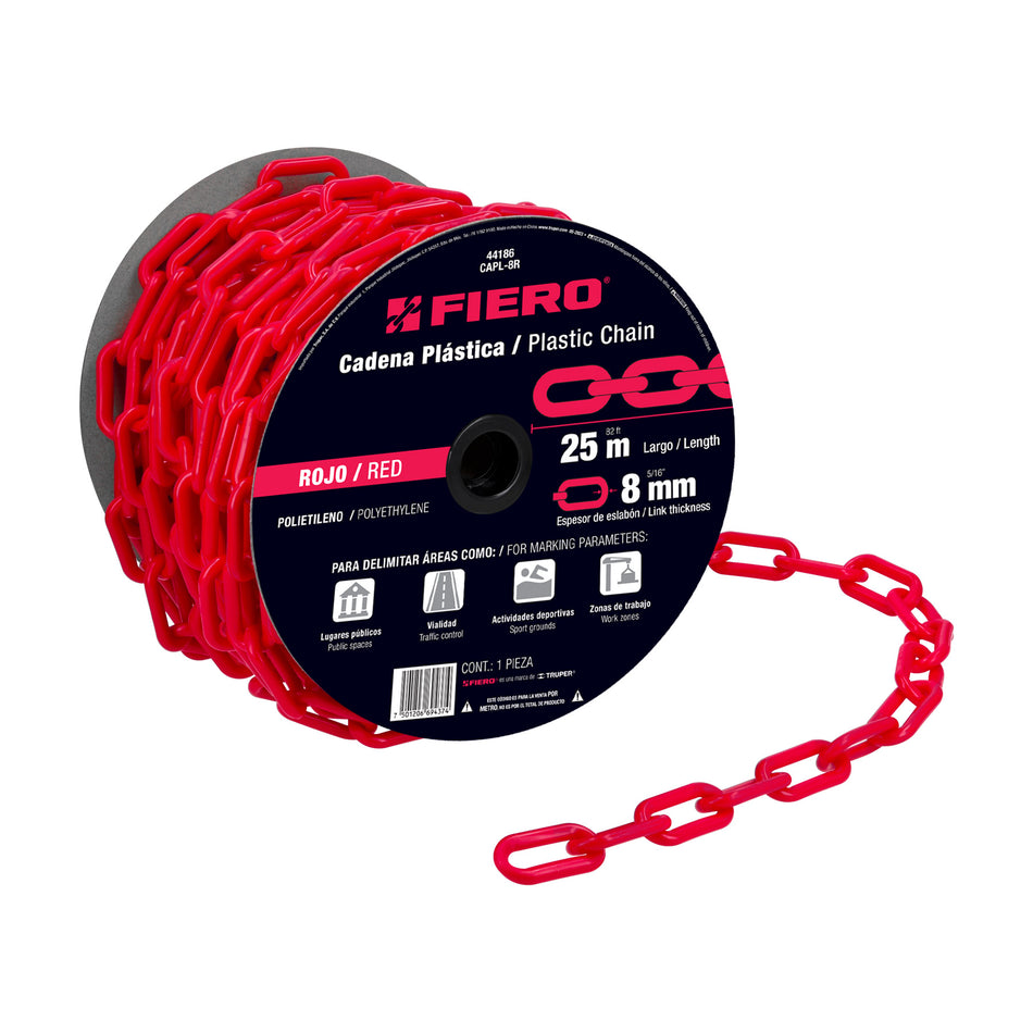 Metro de cadena de 8 mm de plástico roja, carrete de 25 m Caja con 25, 44186