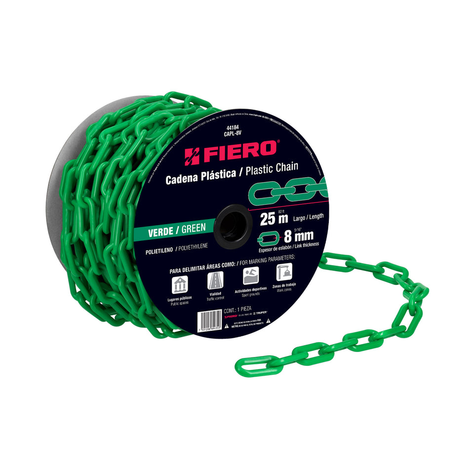 Metro de cadena de 8 mm de plástico verde, carrete de 25 m Caja con 25, 44184
