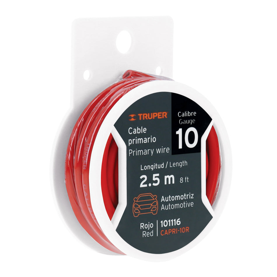 Carrete con 2.5 m de cable primario rojo calibre 10, Truper Caja con 4, 101116