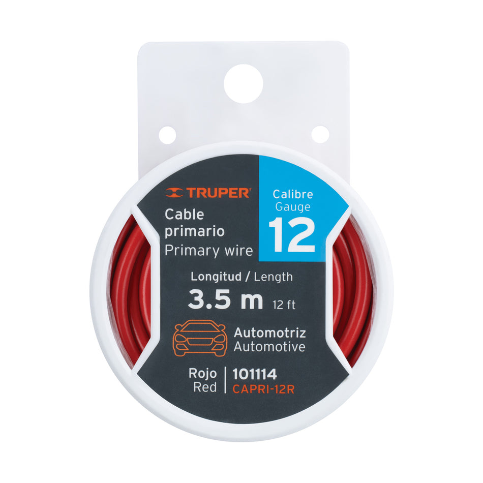 Carrete con 3.5 m de cable primario rojo calibre 12, Truper Caja con 4, 101114