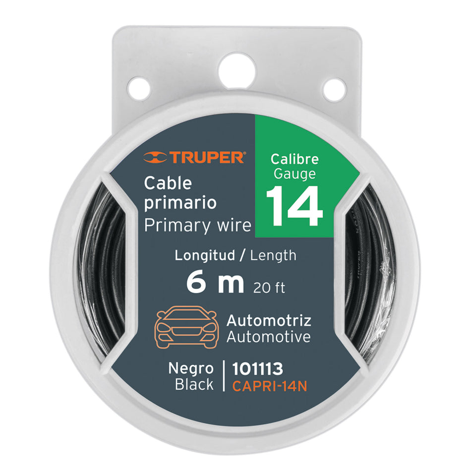 Carrete con 6 m de cable primario negro calibre 14, Truper Caja con 4, 101113