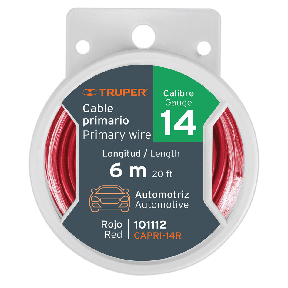 Carrete con 6 m de cable primario rojo calibre 14, Truper Caja con 4, 101112