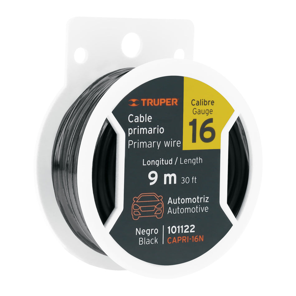 Carrete con 9 m de cable primario negro calibre 16, Truper Caja con 4, 101122
