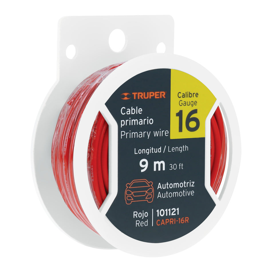 Carrete con 9 m de cable primario rojo calibre 16, Truper Caja con 4, 101121
