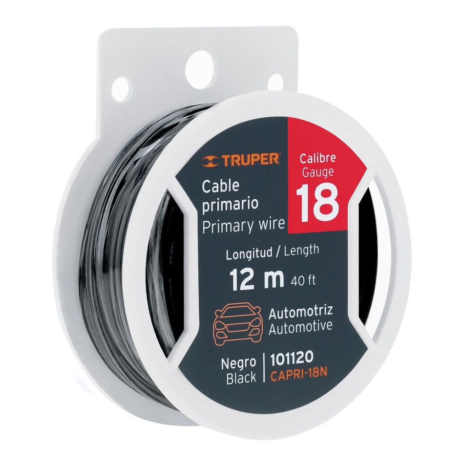 Carrete con 12 m de cable primario negro calibre 18, Truper Caja con 4, 101120