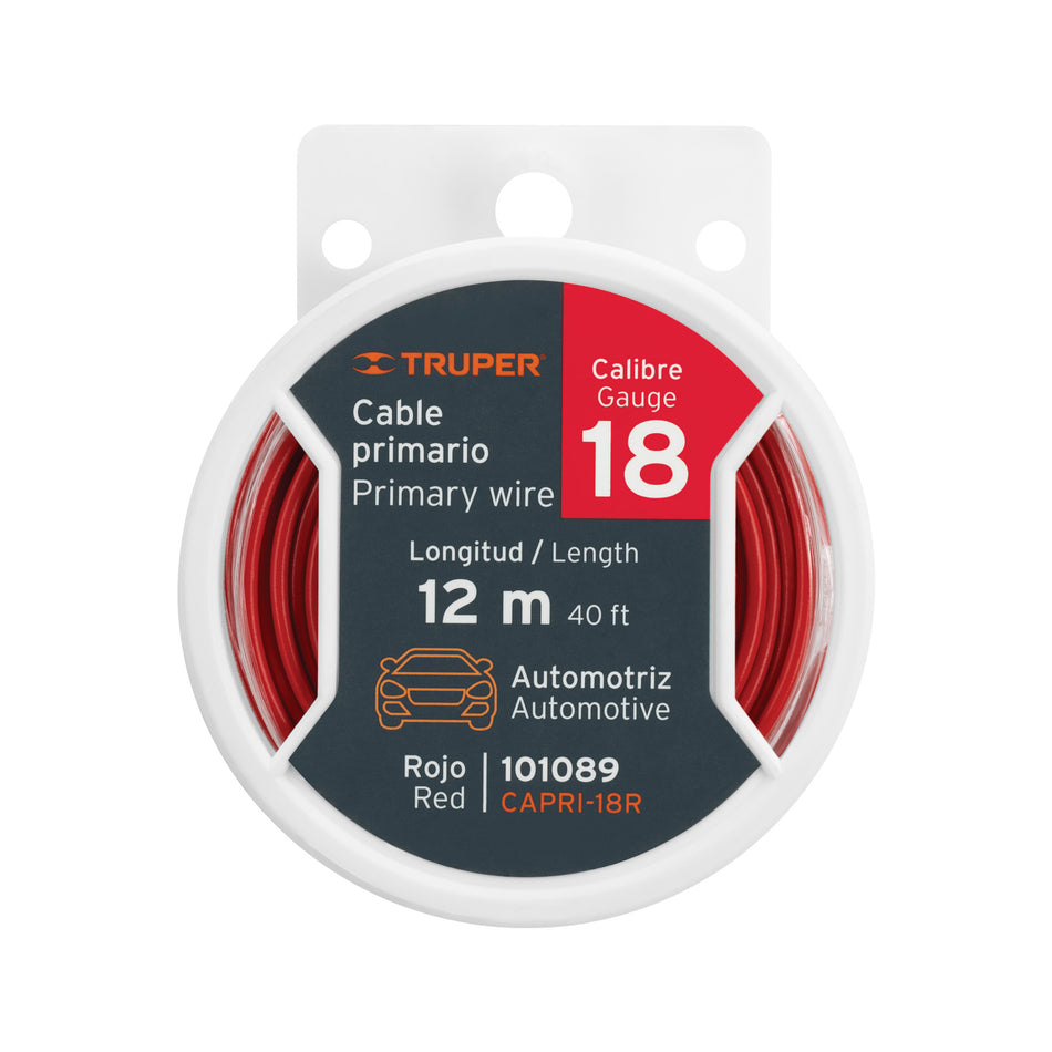 Carrete con 12 m de cable primario rojo calibre 18, Truper Caja con 4, 101089