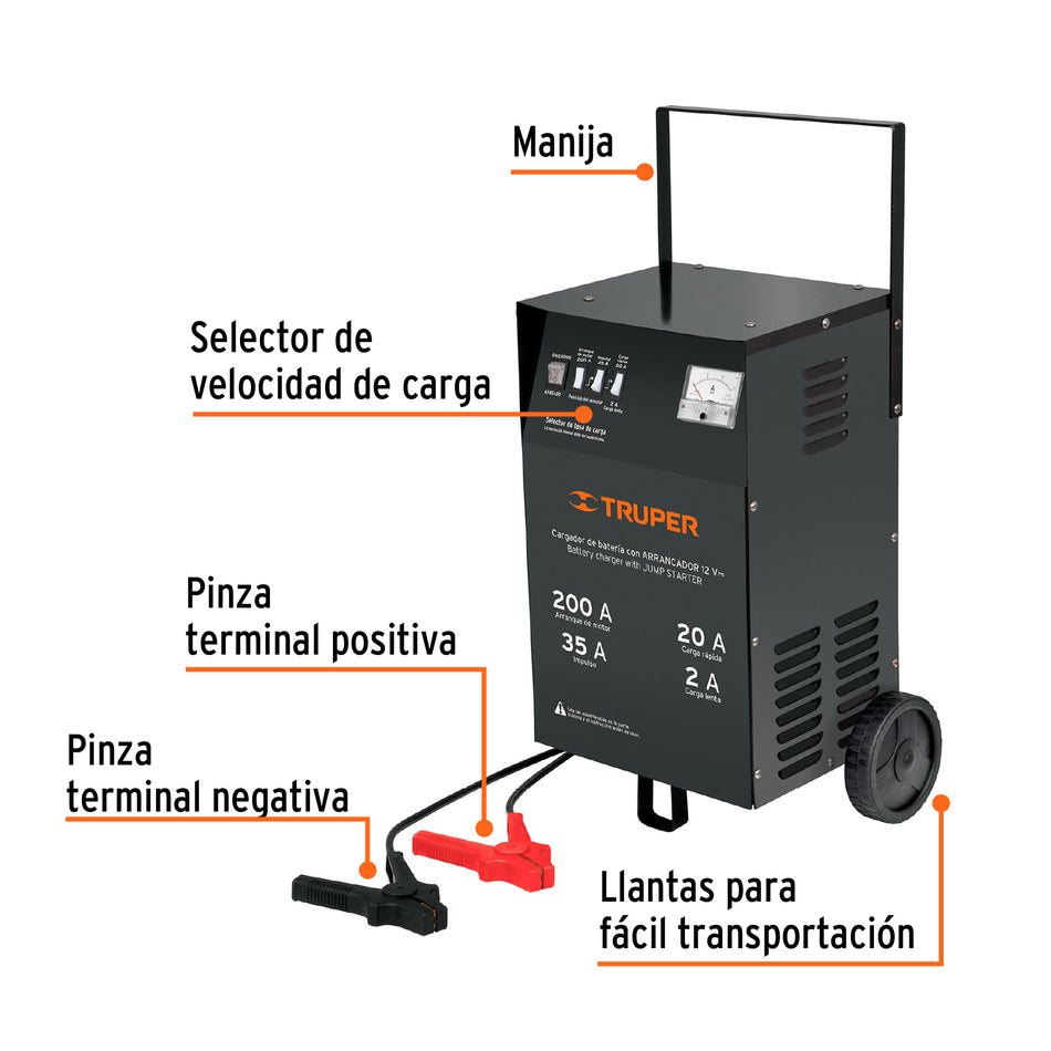 Cargador c/arrancador de 200 A para baterías de 12 V, TRUPER, 13029