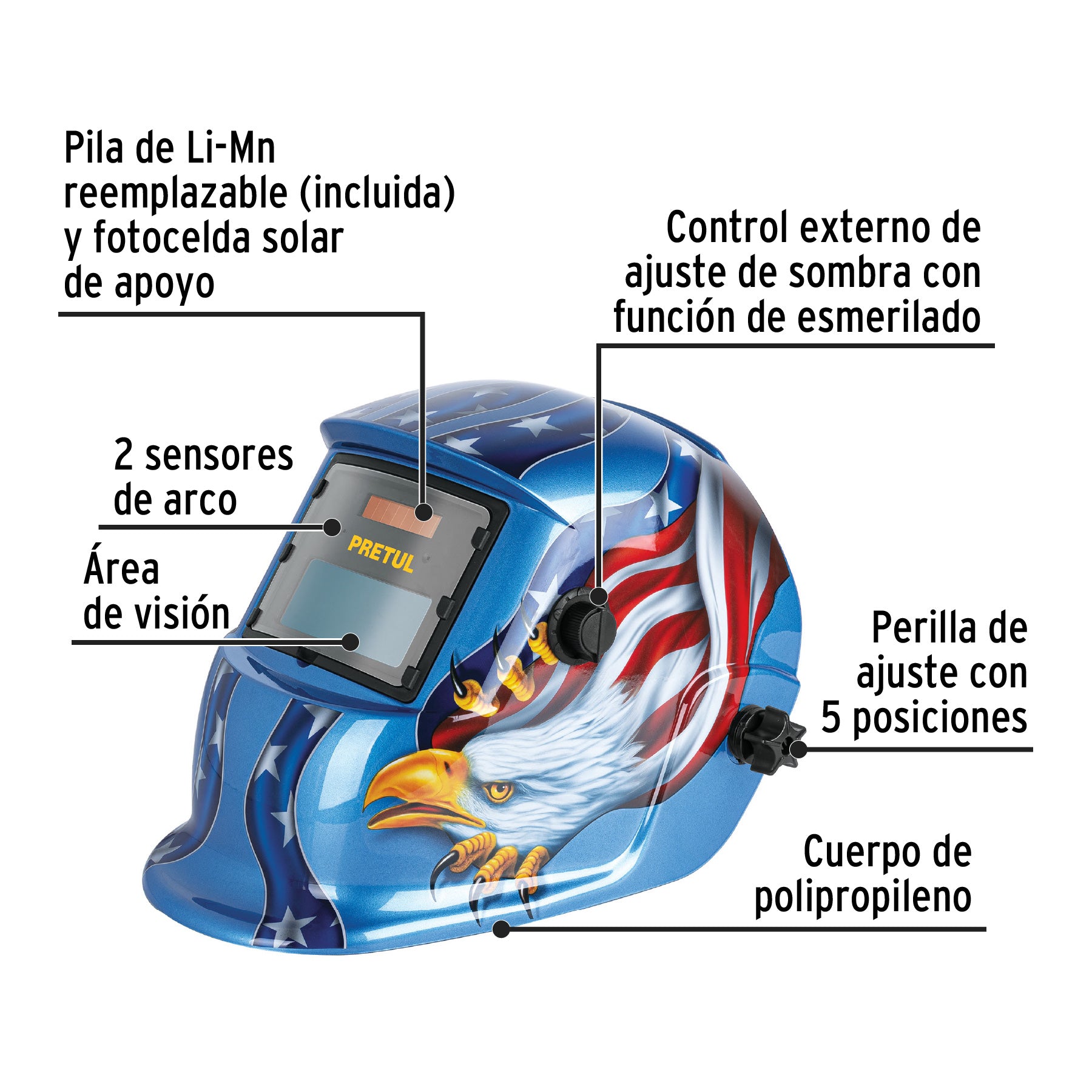 Careta electrónica p/soldar, águila, sombra 9 a 13, PRETUL, 29011