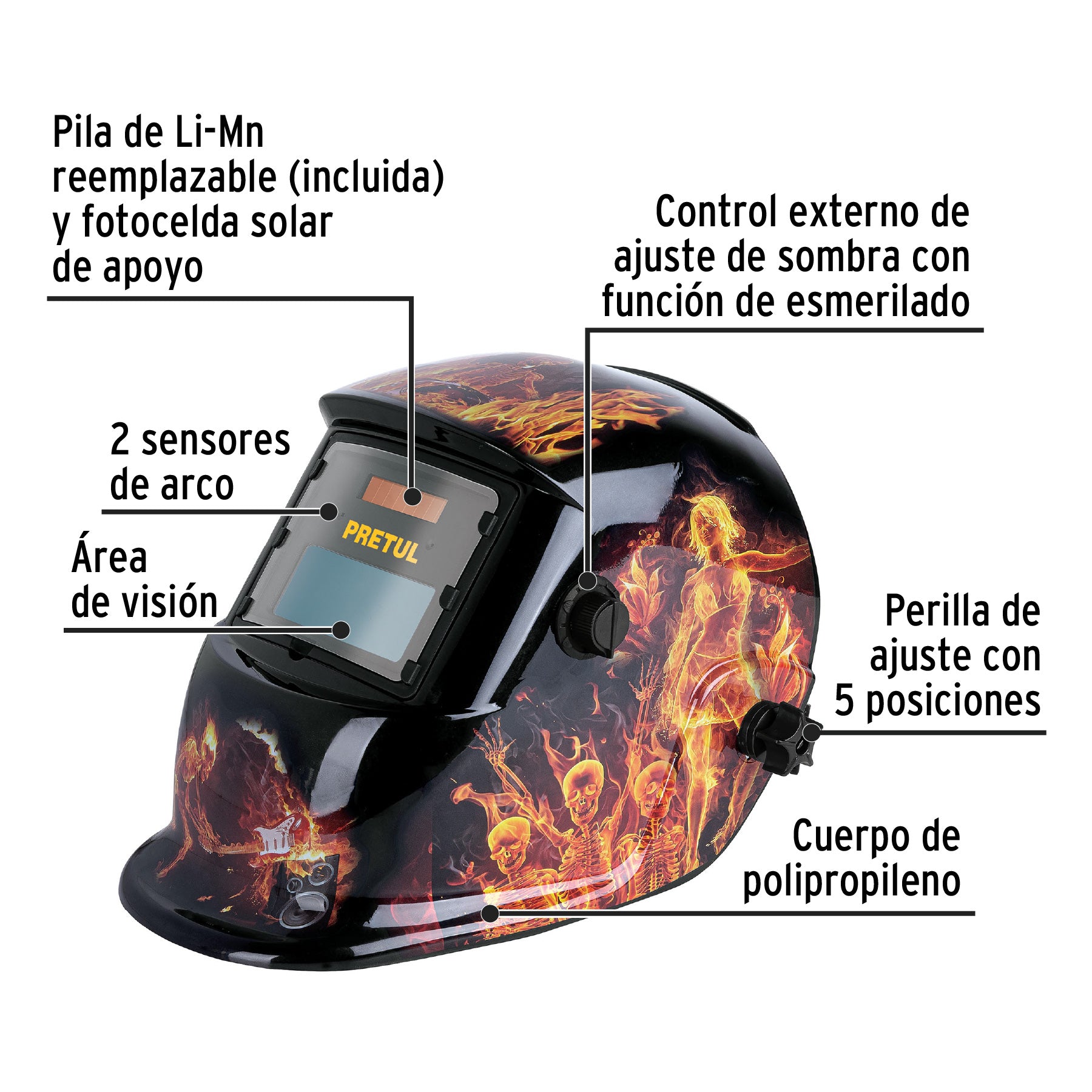 Careta electrónica p/soldar, fuego, sombra 9 a 13, PRETUL, 27355