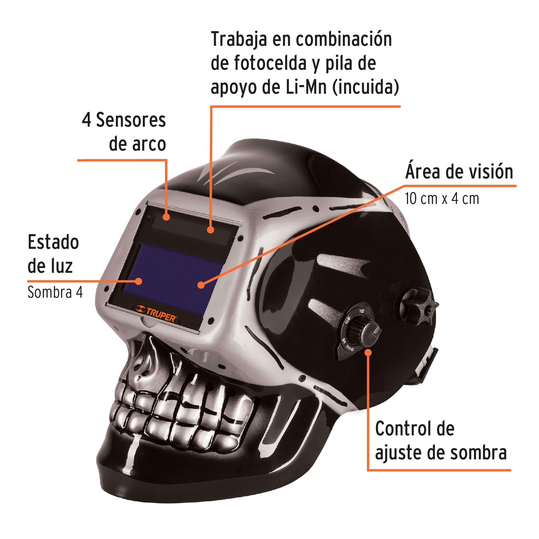 Careta electrónica p/soldar, panel digital, calavera, 9 a 13, 101111