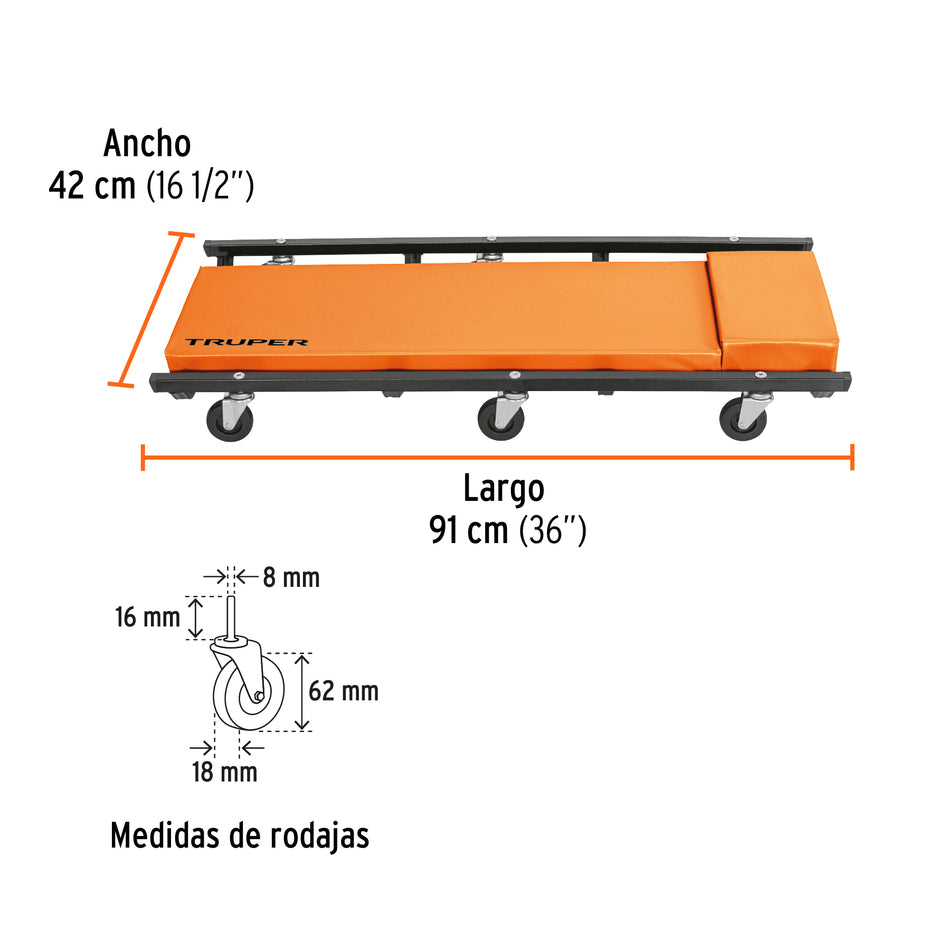 Cama de acero 36' para mecánico, Truper, 10098