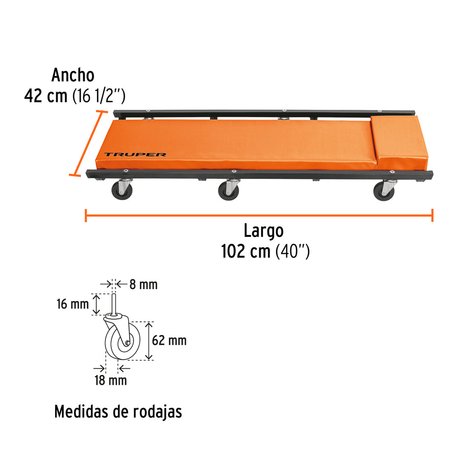 Cama de acero 40' para mecánico, Truper, 10097