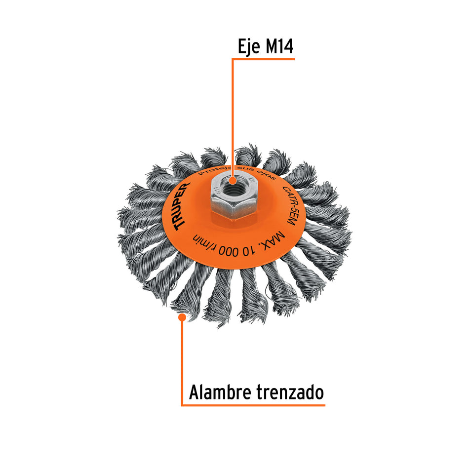 Carda tipo cónico 5' alambre trenzado, eje M14, Truper Caja con 4, 14189