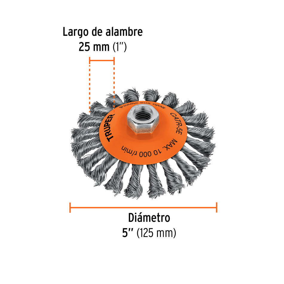 Carda tipo cónico 5' alambre trenzado, eje 5/8'-11, Truper Caja con 4, 14191