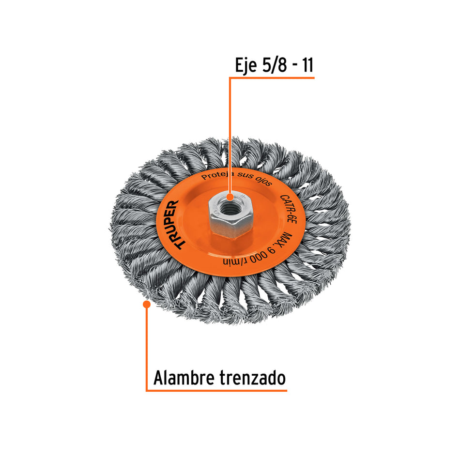Carda circular 6' alambre trenzado, eje 5/8'-11, Truper Caja con 4, 11597