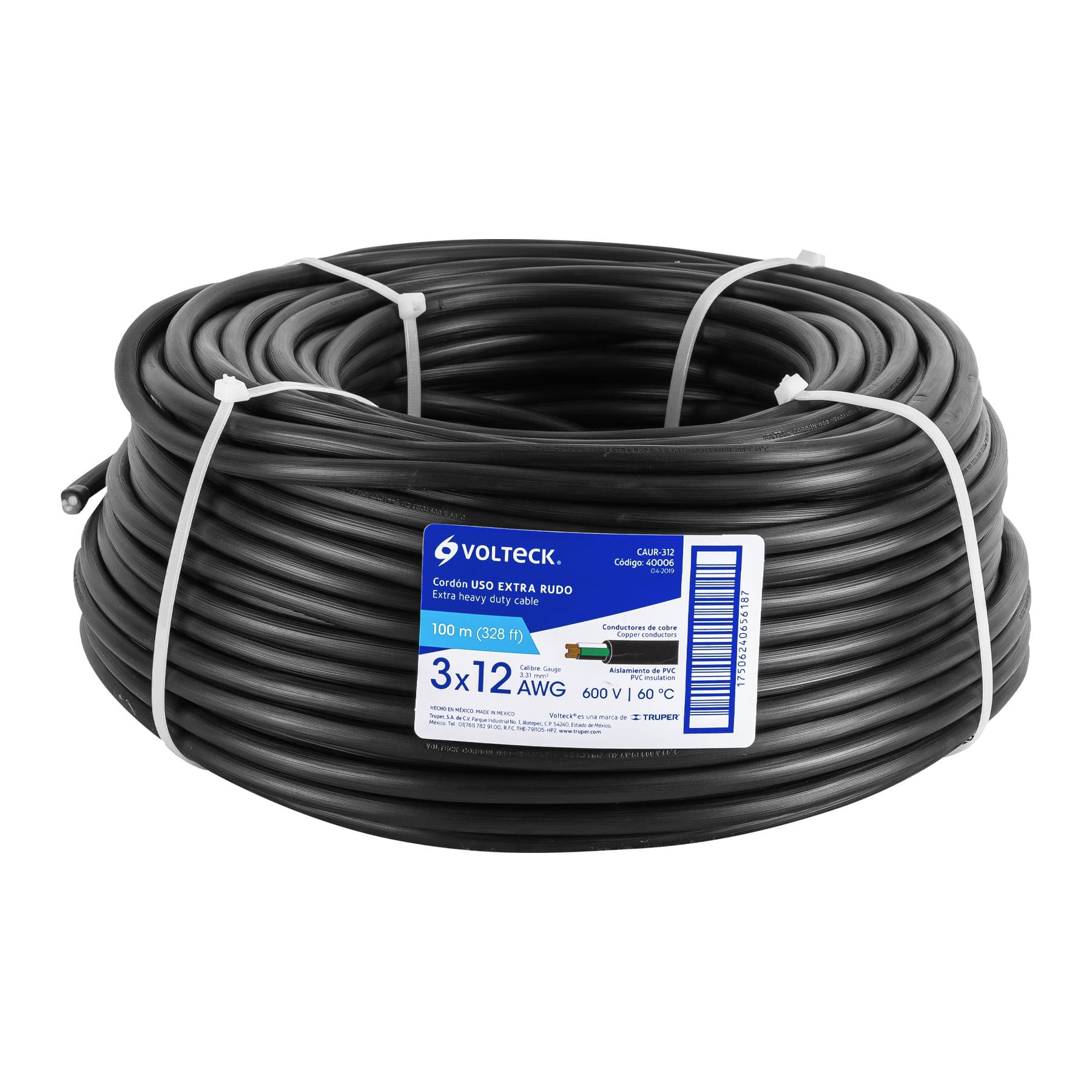 Metro de cable uso extra rudo 3 x 12 AWG en rollo de 100 m, 40006