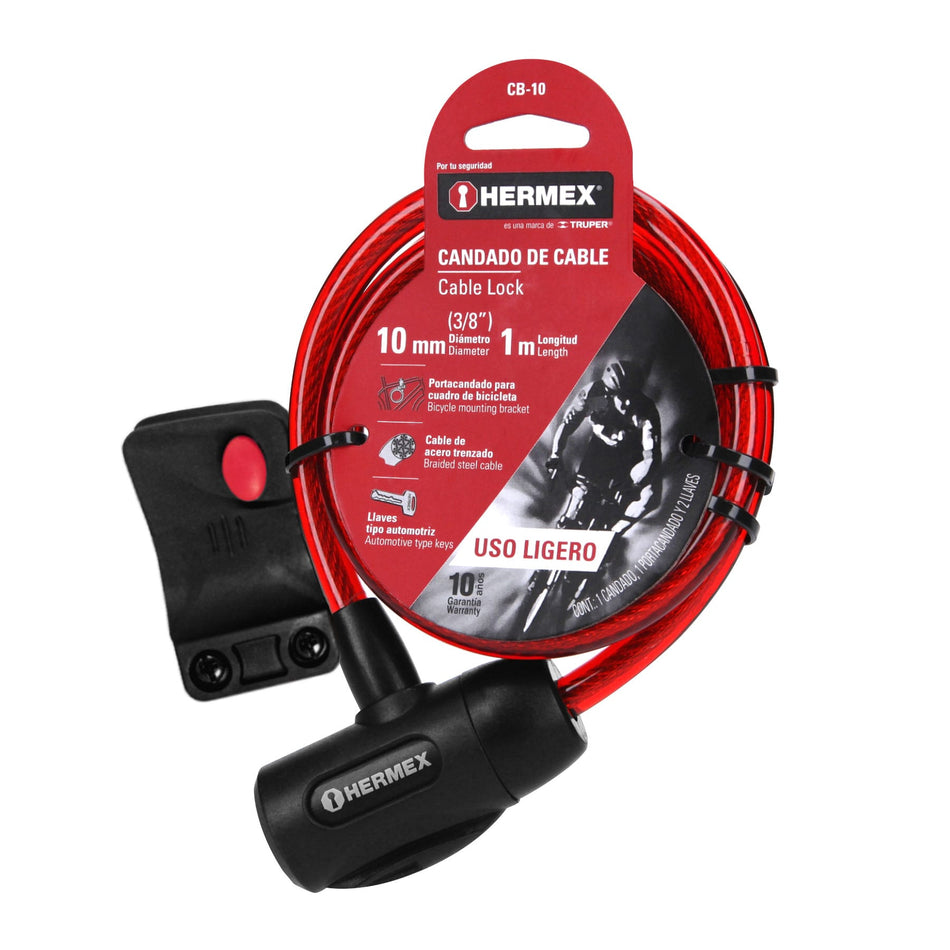 Candado de cable con llave, 10 mm X 1.0 m, Hermex Caja con 3, 43922
