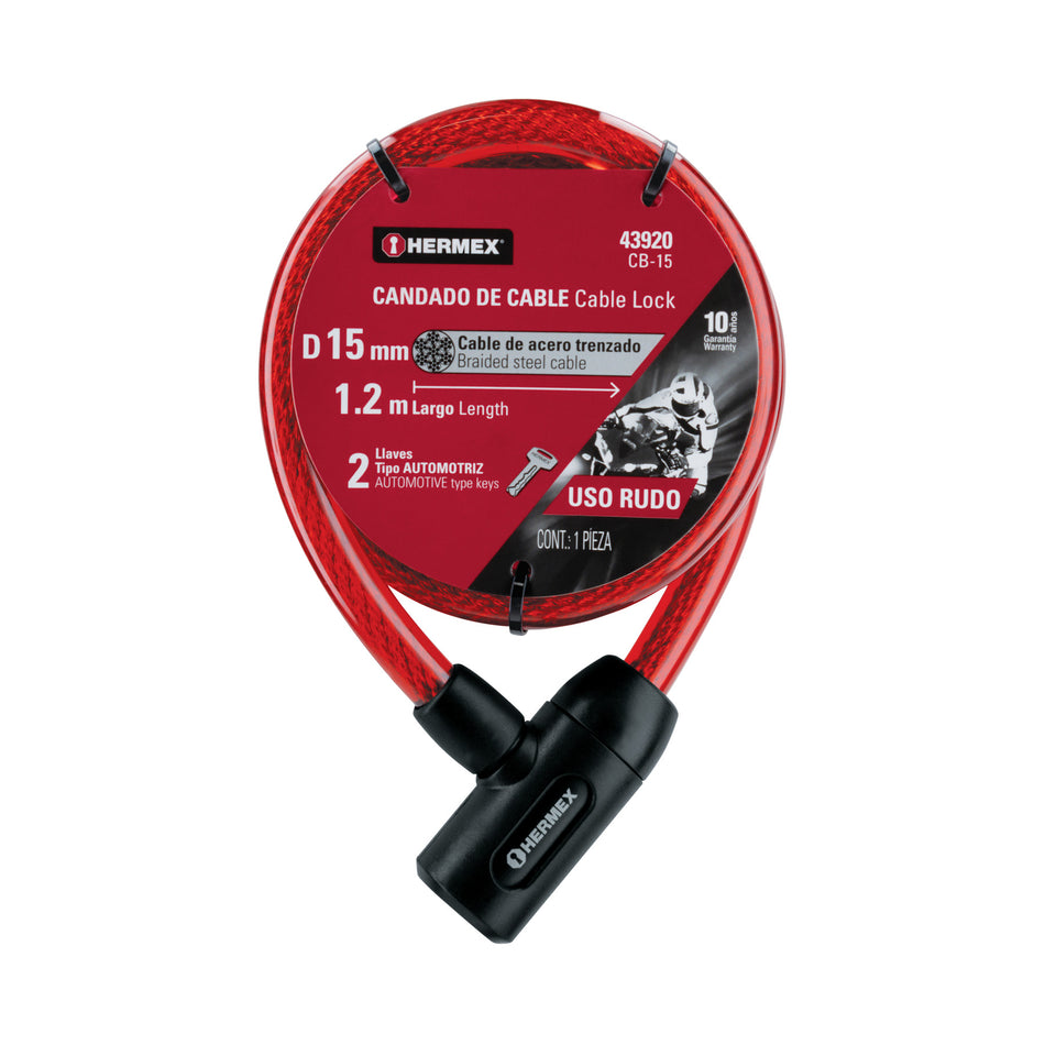 Candado de cable con llave, 15mm X 1.20 m, Hermex Caja con 4, 43920