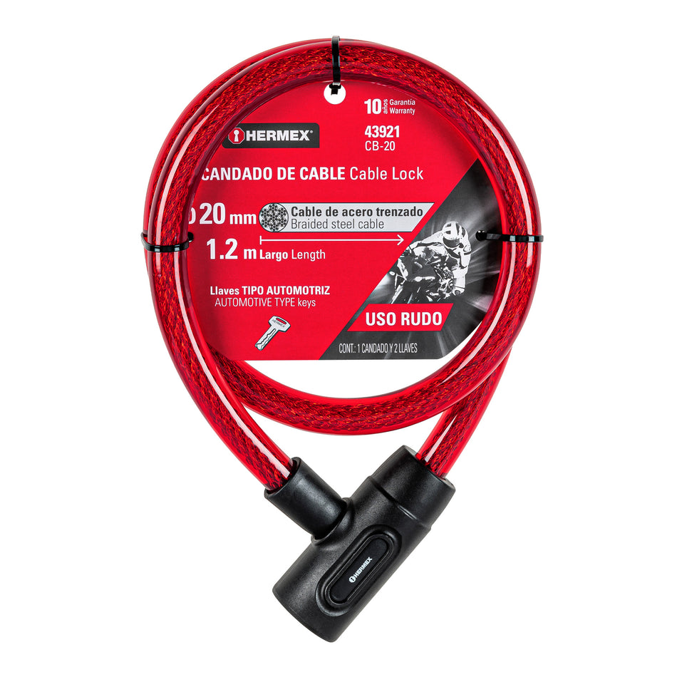 Candado de cable con llave, 20 mm X 1.20 m, Hermex Caja con 2, 43921