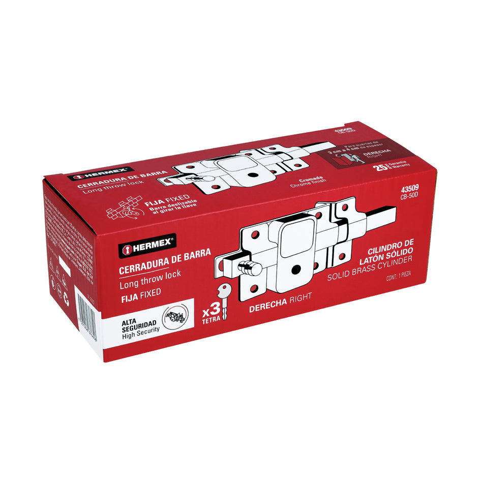 Cerradura de barra fija, llave tetra, derecha, Hermex Caja con 3, 43509