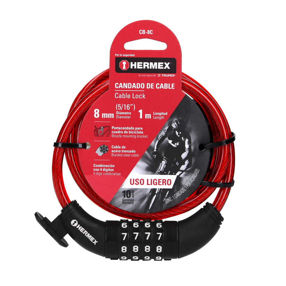 Candado de cable con combinación, 8 mm X 1.0 m, Hermex Caja con 3, 43924