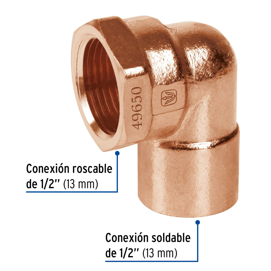 Codo 90° de cobre, rosca interior 1/2', Foset Caja con 10, 49650