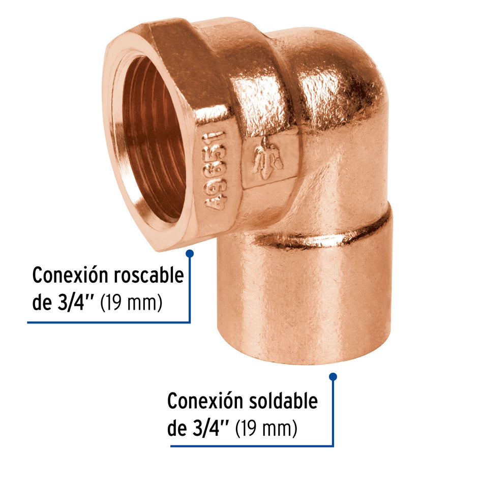 Codo 90° de cobre, rosca interior 3/4', Foset Caja con 10, 49651