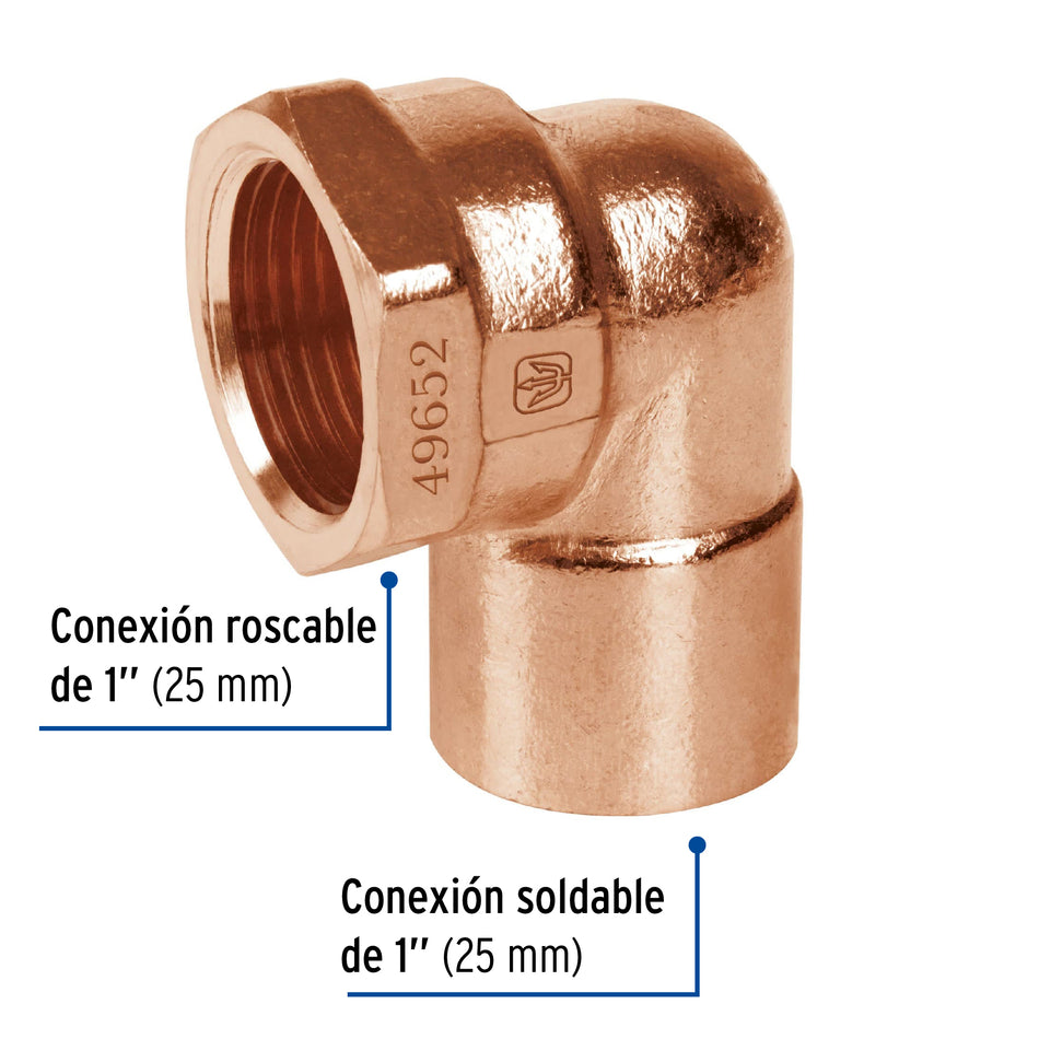 Codo 90° de cobre, rosca interior 1', Foset Caja con 10, 49652