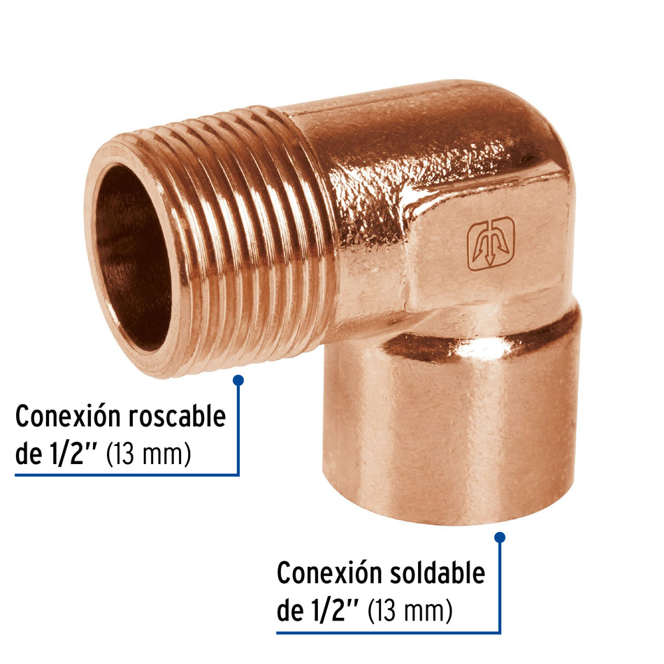 Codo 90° de cobre, rosca exterior 1/2', Foset Caja con 10, 49647