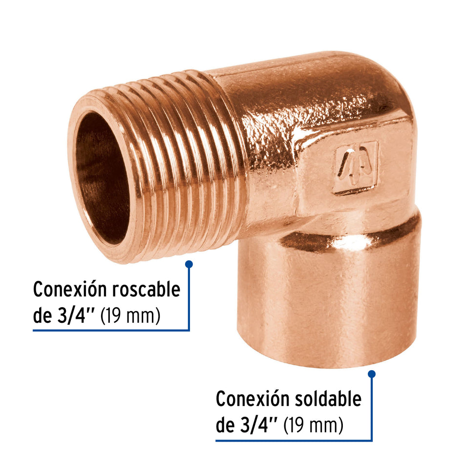 Codo 90° de cobre, rosca exterior 3/4', Foset Caja con 10, 49648