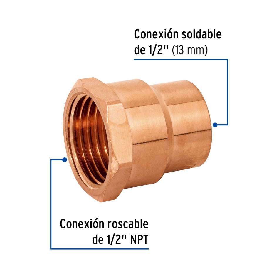 Conector de cobre, rosca interior 1/2', Foset Caja con 20, 49656