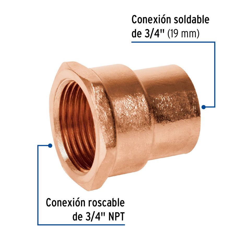 Conector de cobre, rosca interior 3/4', Foset Caja con 20, 49657