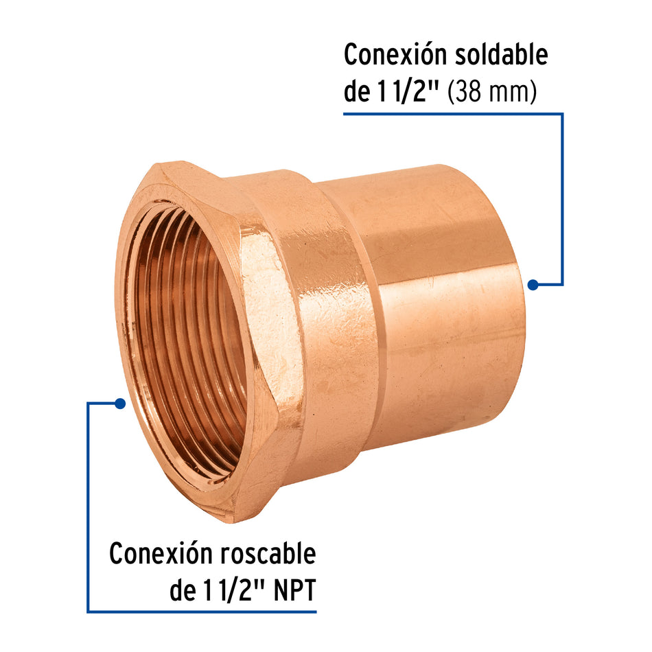 Conector de cobre, rosca interior 1-1/2', Foset Caja con 2, 48899