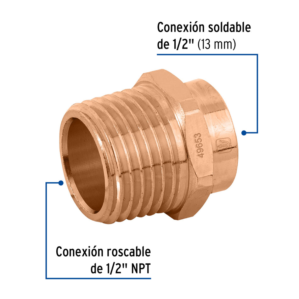 Conector de cobre, rosca exterior 1/2', Foset Caja con 20, 49653