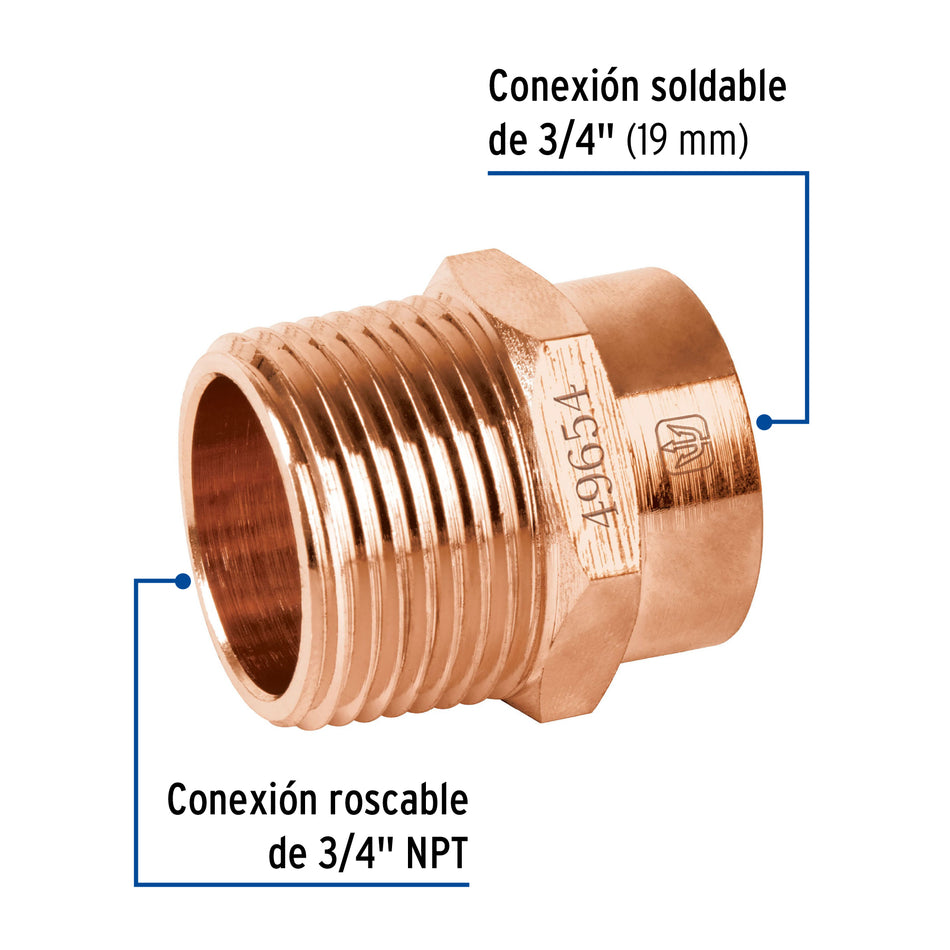 Conector de cobre, rosca exterior 3/4', Foset Caja con 20, 49654