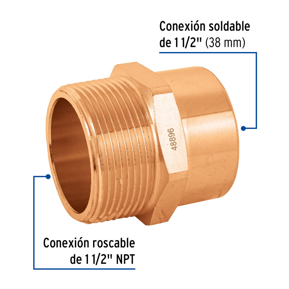 Conector de cobre, rosca exterior 1-1/2', Foset Caja con 2, 48896