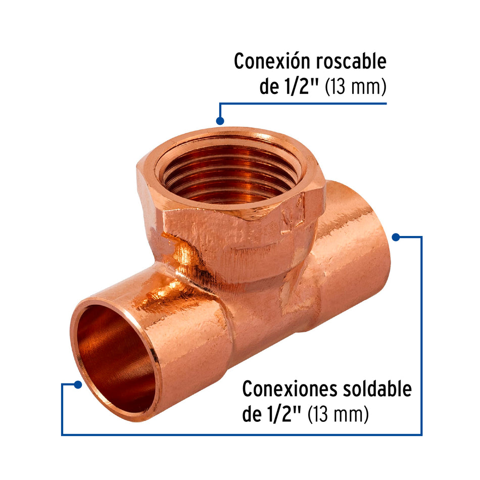 Tee de cobre rosca central 1/2', Foset Caja con 2, 48885