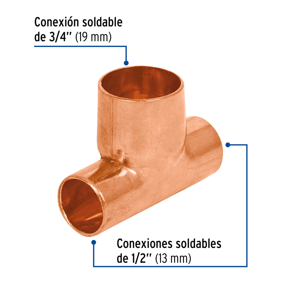 Tee reducida de cobre 1/2' x 1/2' x 3/4', Foset Caja con 10, 49741