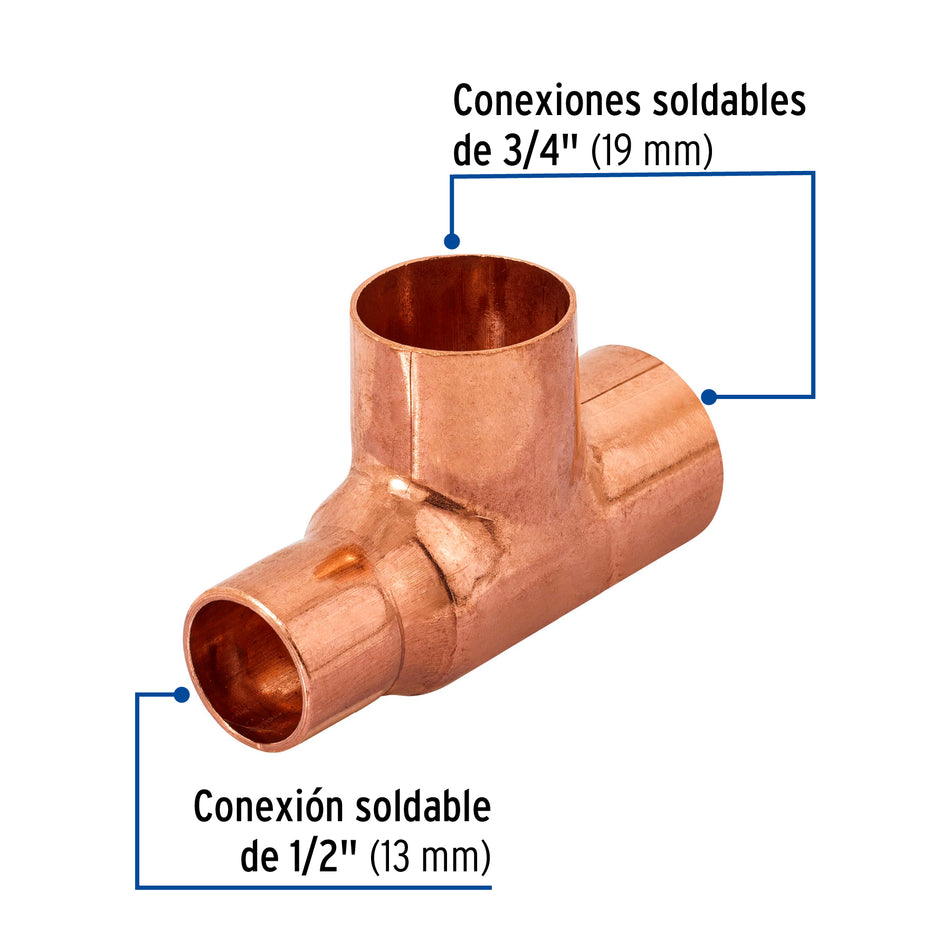 Tee reducida de cobre 3/4' x 1/2' x 3/4', Foset Caja con 10, 49743