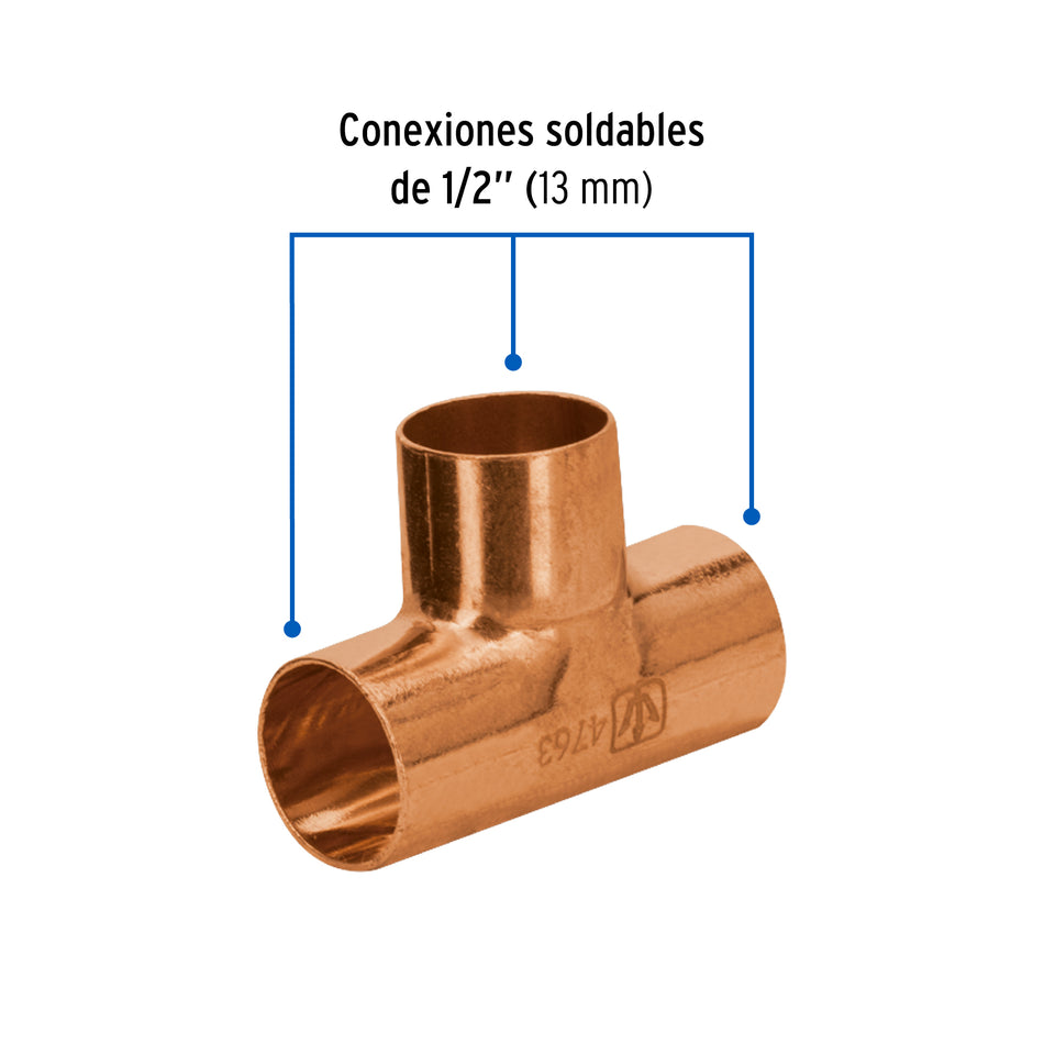 Tee de cobre sencilla de 1/2', Foset Basic Caja con 10, 47637