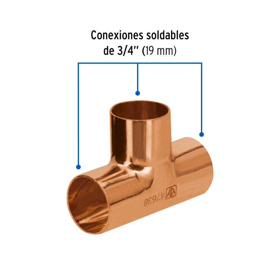 Tee de cobre sencilla de 3/4', Foset Basic Caja con 10, 47638