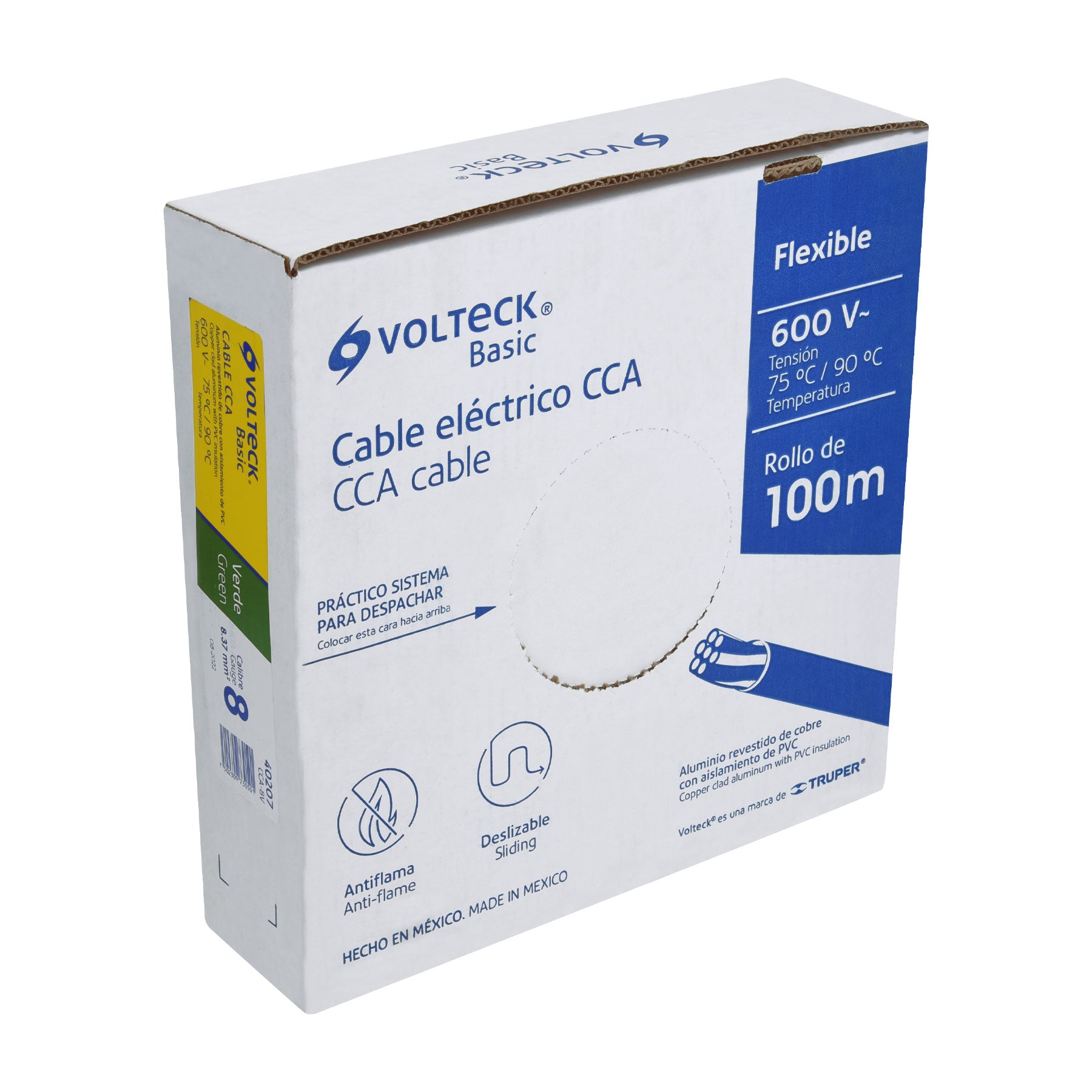 Rollo de 100 metros de cable THW CCA 8 AWG verde, Basic, 40207