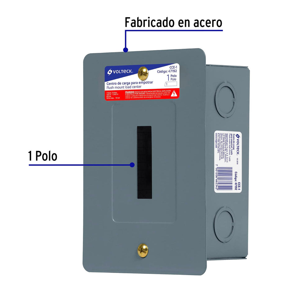 Centro de carga empotrable, 1 polo, Volteck Caja con 2, 47192
